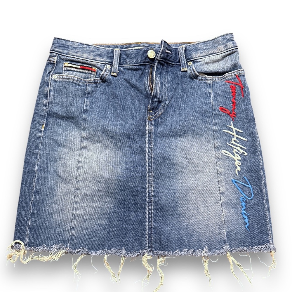 Tommy Hilfiger Distressed Denim Skirt with Multicolor Logo